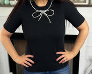 Black Pearl Bow Neckline Short Sleeve Sweater
