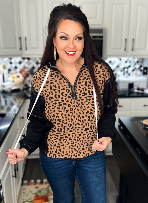 {PREORDER} Leopard Contrast Half Zip Hoodie