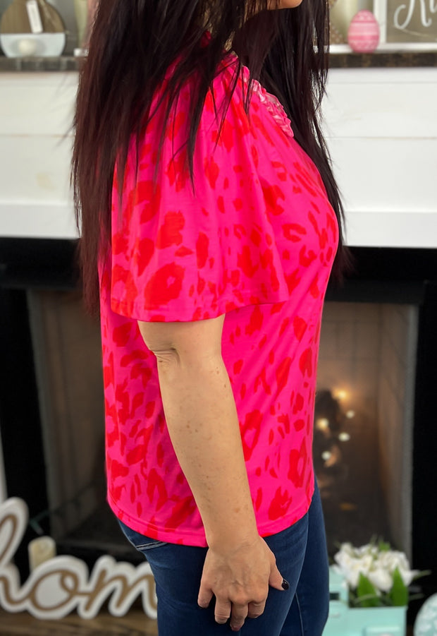 Pink/Red Leopard Ruffle Neck Top