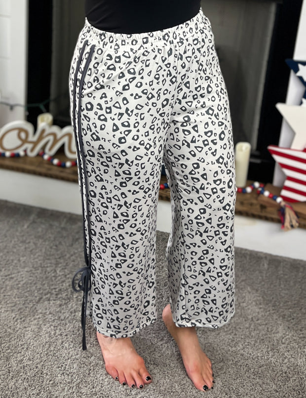 Grey Leopard Cropped Pants w/Side Tie