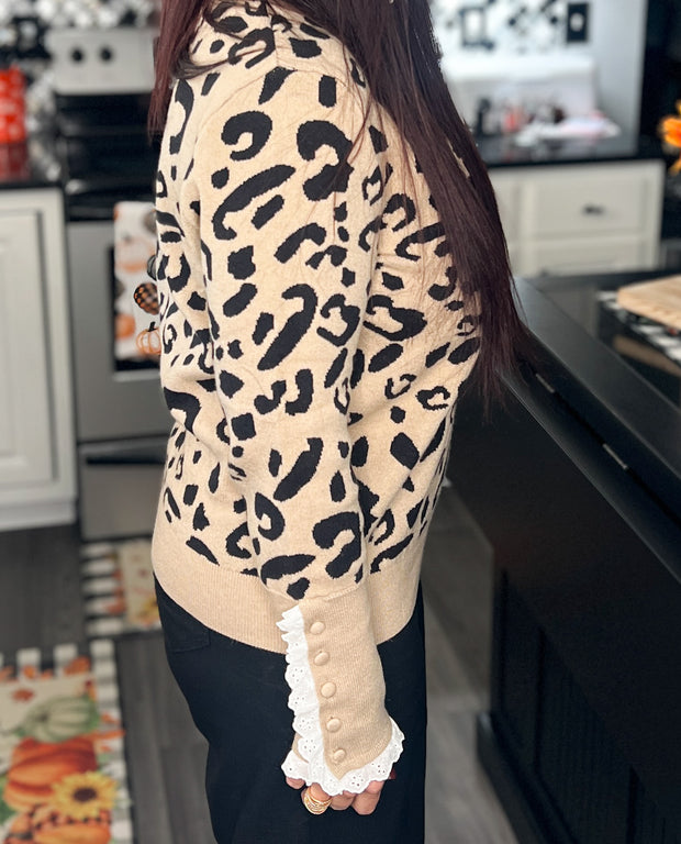 {PREORDER} Eyelet Ruffle Trim Leopard Sweater (S-4X)