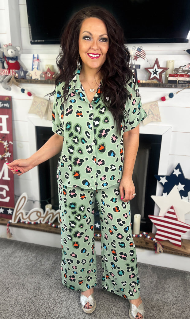 Green Leopard Wide Leg Pants Set