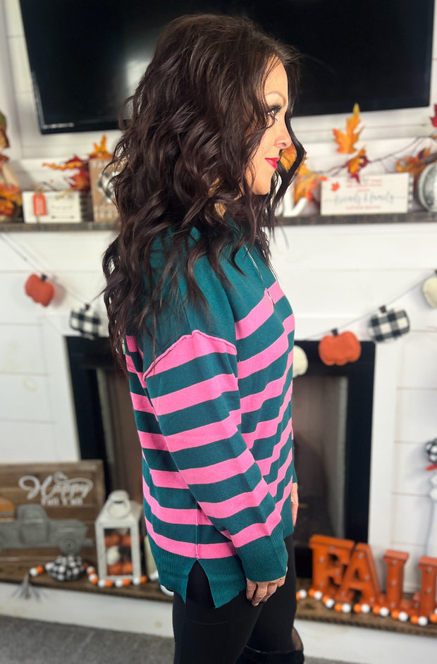 Green/Pink Stripe Half Zip Oversized Sweater (S-2X)