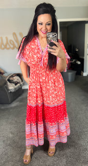 Multi Print Tassel Tie Sleeve Maxi Dress