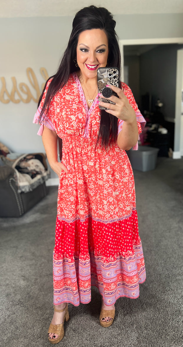 Multi Print Tassel Tie Sleeve Maxi Dress