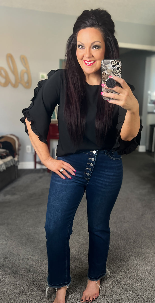 Black 3/4 Ruffle Sleeve Top