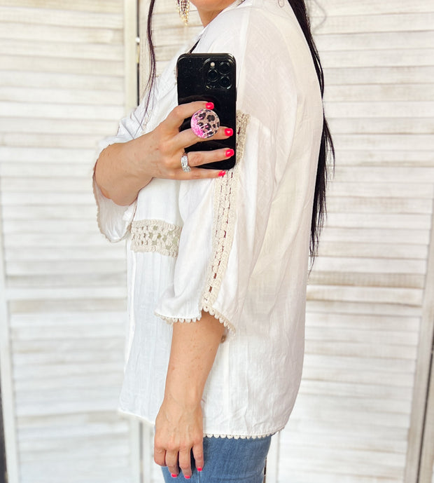 Cream Crochet Accent Button Up