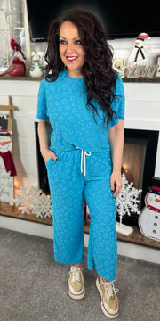 Turquoise Leopard Jacquard Pants Set