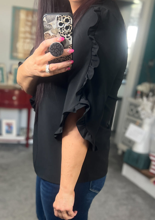 Black 3/4 Ruffle Sleeve Top