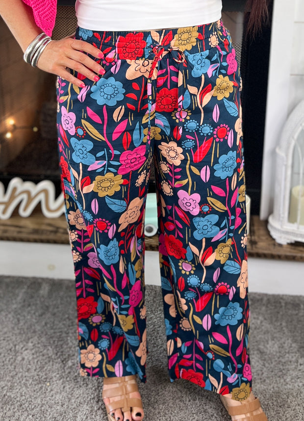 Teal Floral Wide Leg Pants