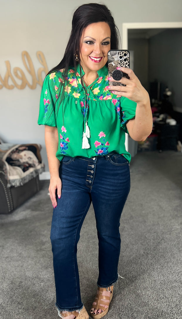 Green Floral Tassel Tie Puff Sleeve Top