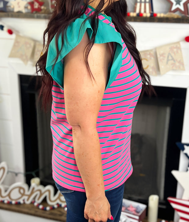 Pink & Green Stripe Ruffle Sleeve Top