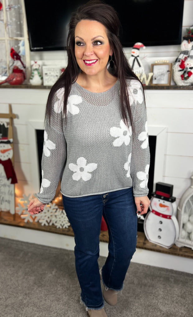 Light Grey Retro Floral Open Weave Sweater