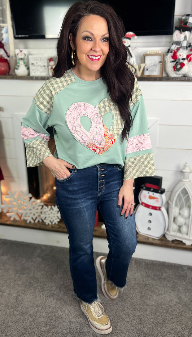 Aqua Plaid Floral Peace Patchwork Top