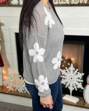 Light Grey Retro Floral Open Weave Sweater