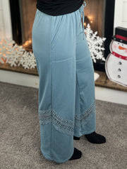 Dusk Blue Crochet Lace Accent Wide Leg Pants