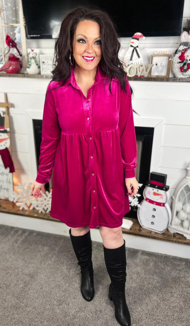 Magenta Velvet Button Front Dress