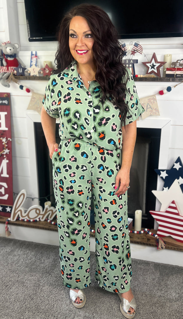 Green Leopard Wide Leg Pants Set