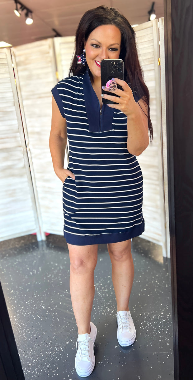 Navy Stripe Half Zip Dress