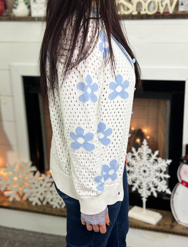 Light Blue Retro Floral Cardigan