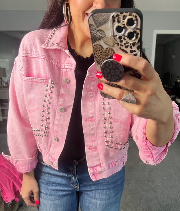 {PREORDER} Pink Studded Cropped Denim Jacket