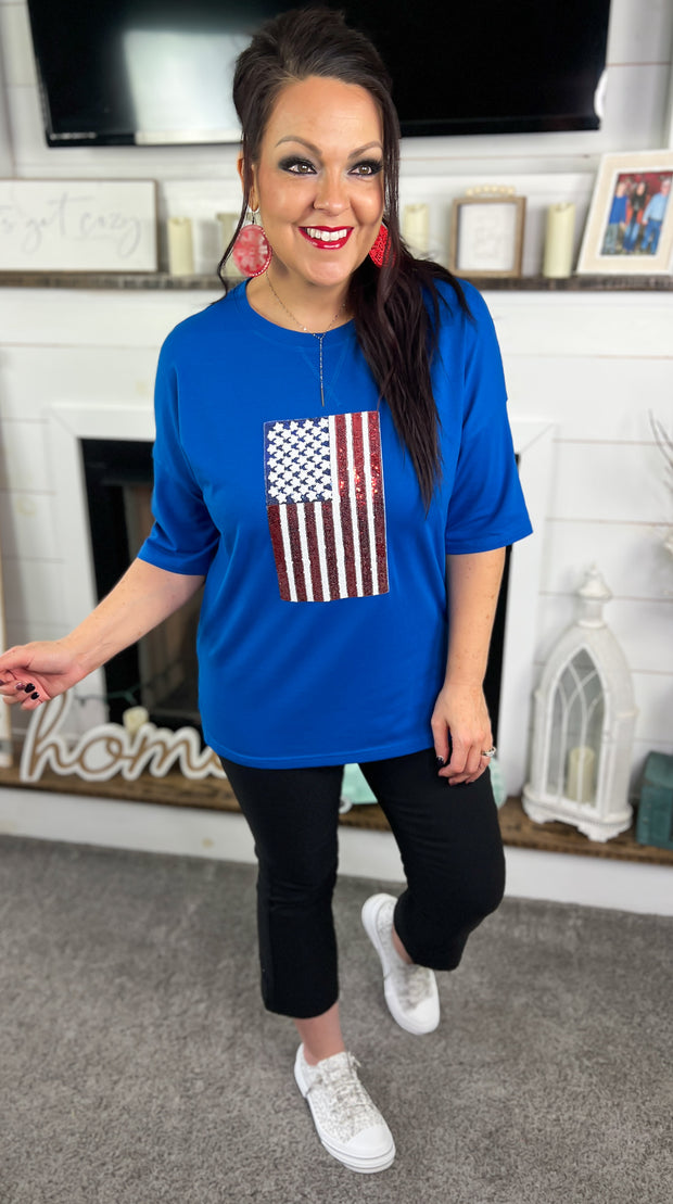 Royal Blue Sequin American Flag Top