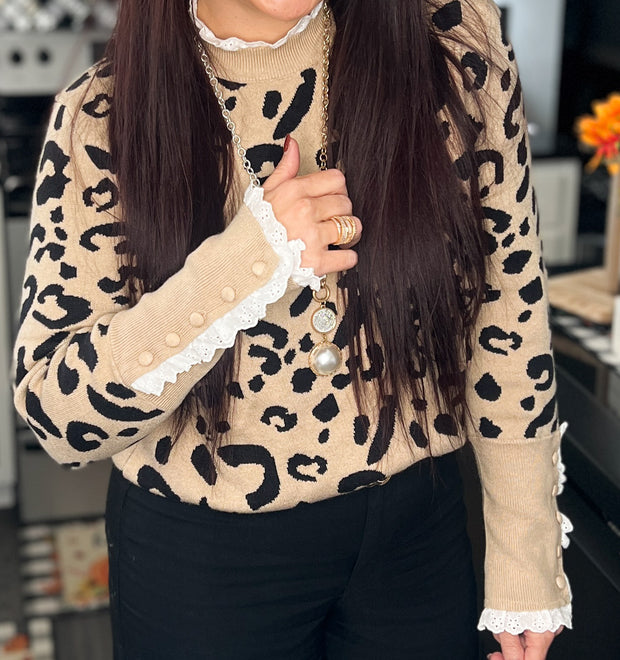 {PREORDER} Eyelet Ruffle Trim Leopard Sweater (S-4X)