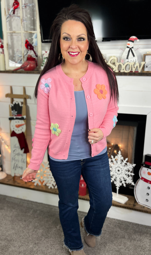 Pink Floral Appliqué Button Front Cardigan