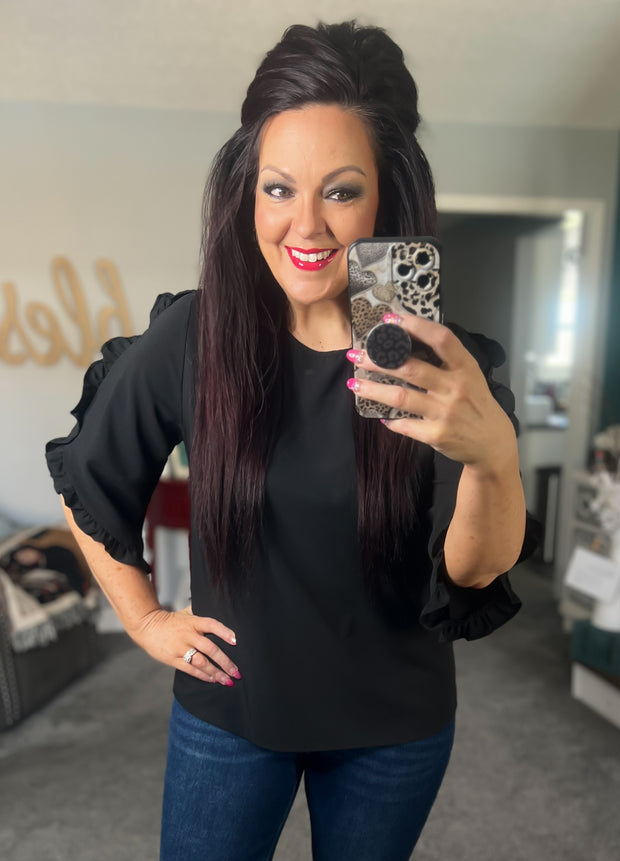 Black 3/4 Ruffle Sleeve Top