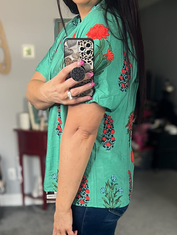 Green Floral Smocked Split Neck Top