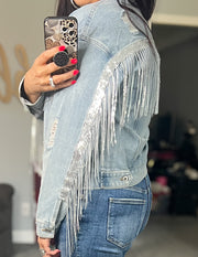 {PREORDER} Sequin Fringe Distressed Denim Jacket