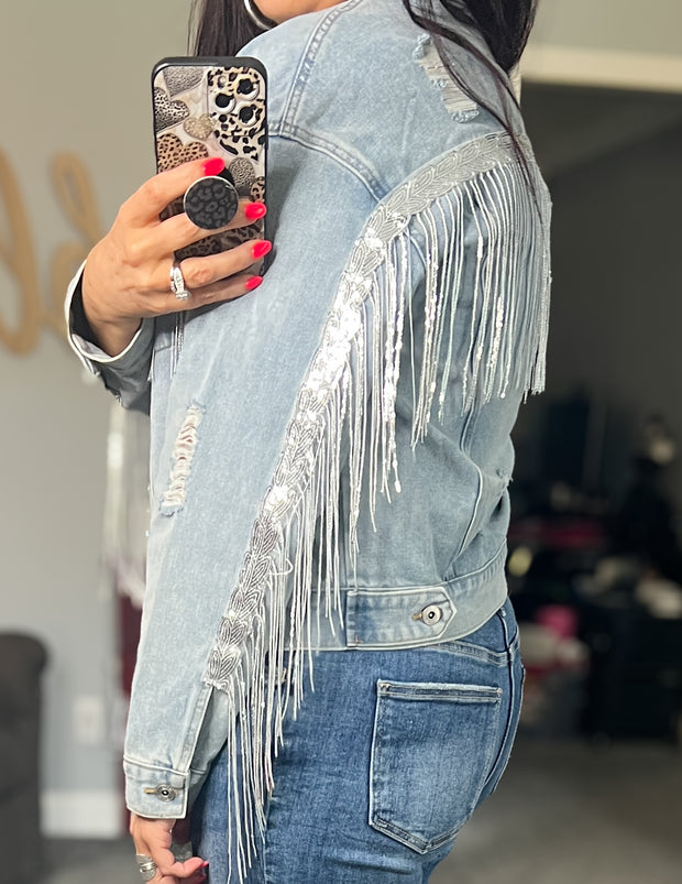 {PREORDER} Sequin Fringe Distressed Denim Jacket