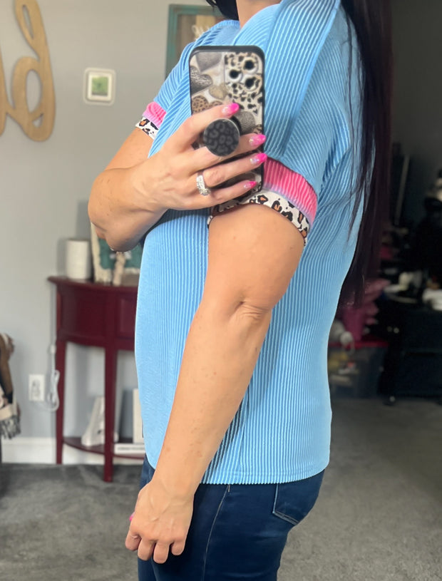 Leopard Trim Blue Corded Top
