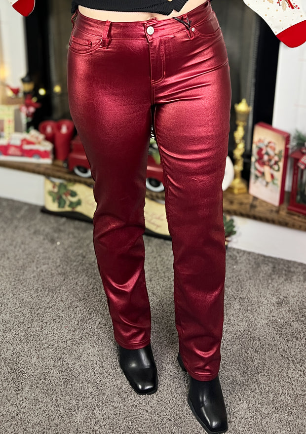 YMI Metallic Straight Leg Pants~Red Wine