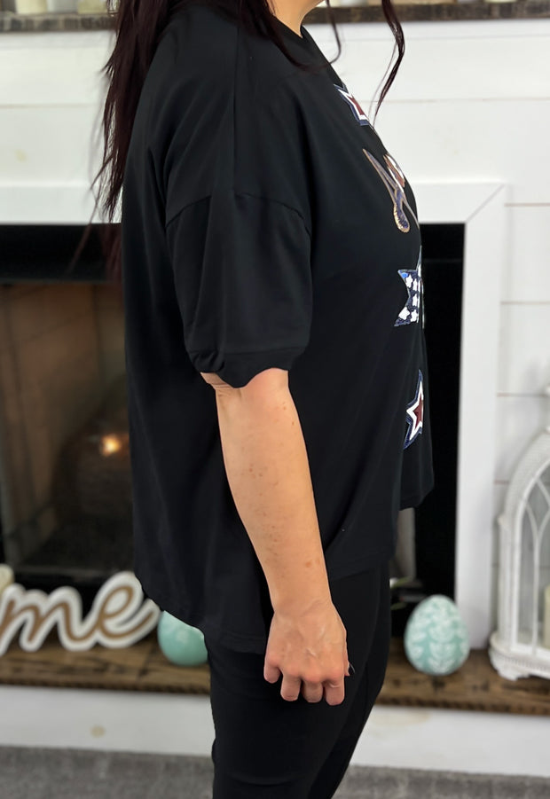 Black Sequin America & Star OVERSIZED Top