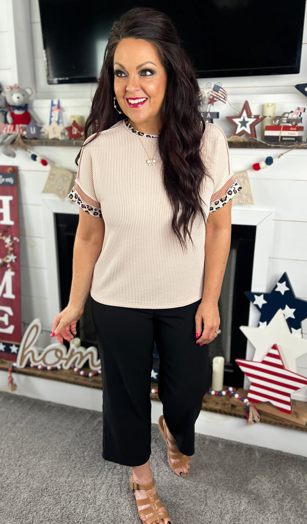 Leopard Trim Tan Corded Top