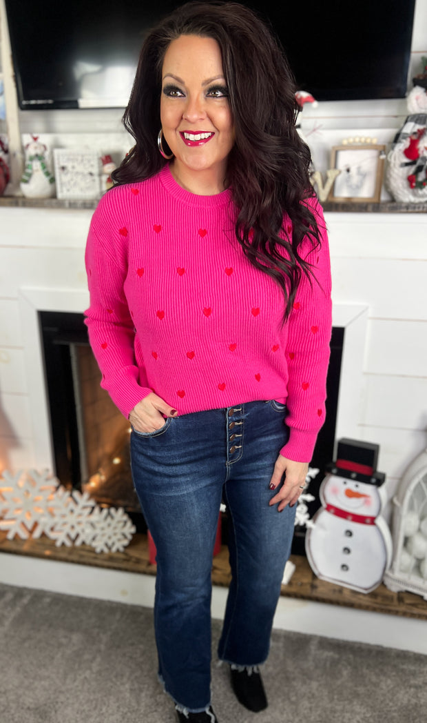 Pink & Red Embroidered Heart Sweater