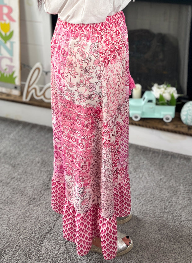 Pink Vintage Print Maxi Skirt