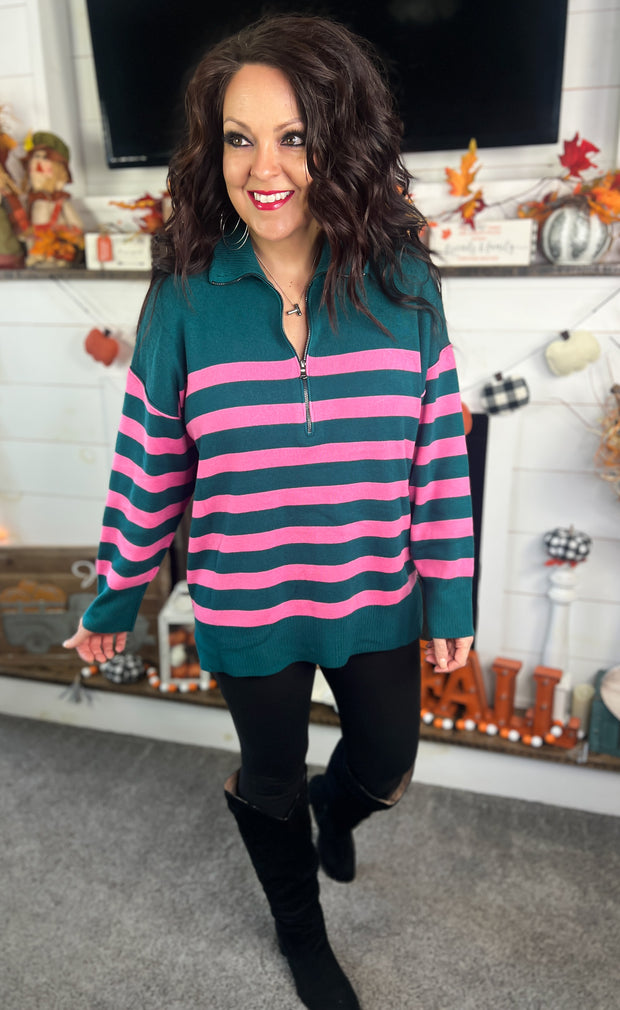 Green/Pink Stripe Half Zip Oversized Sweater (S-2X)