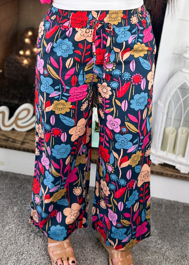 Teal Floral Wide Leg Pants