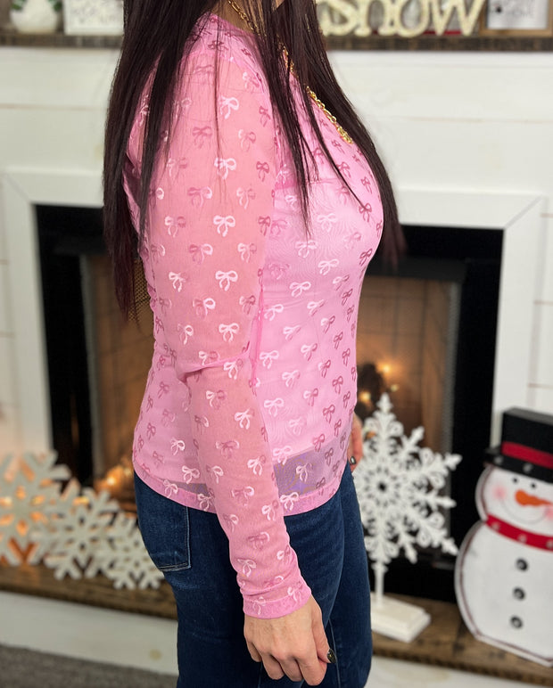 Pink Mesh Bow Pattern Top