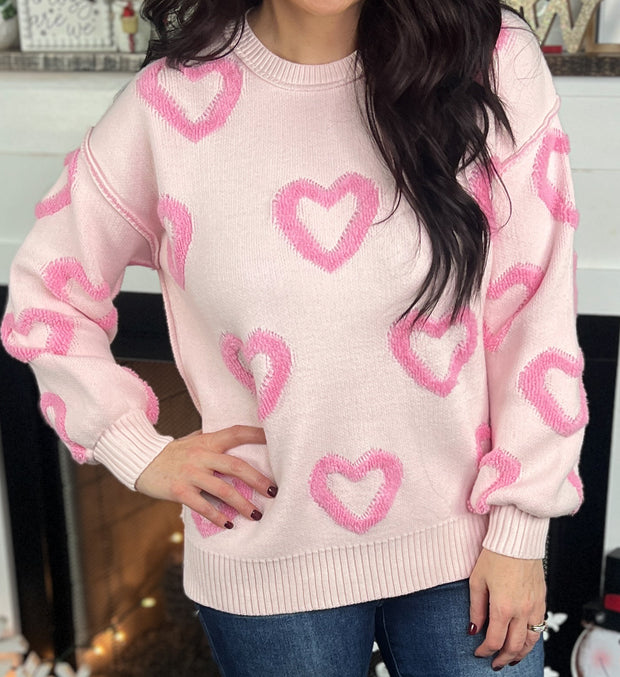 Pink Heart Bishop Sleeve Oversized Sweater