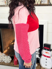 Pink/Red Floral Patch Striped Sleeve Top