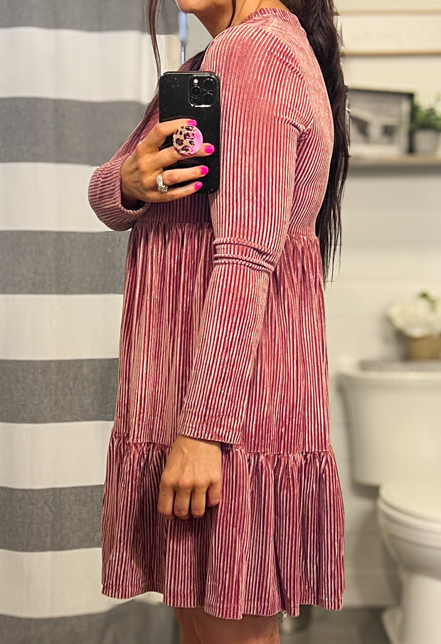 Apricot Rose Ribbed Velvet Dress