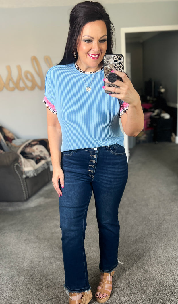 Leopard Trim Blue Corded Top