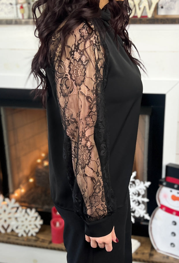 Black Floral Lace Sleeve Top