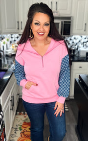 Pink Hooded Pullover w/Denim Checked Contrast Sleeves