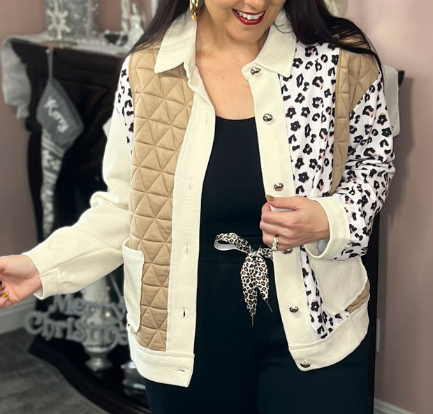{PREORDER} Quilted Patchwork Leopard Button Front Jacket
