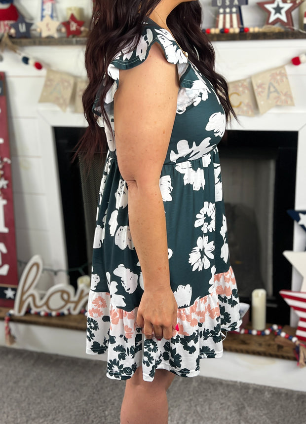 Green Floral Ruffle Sleeve Dress