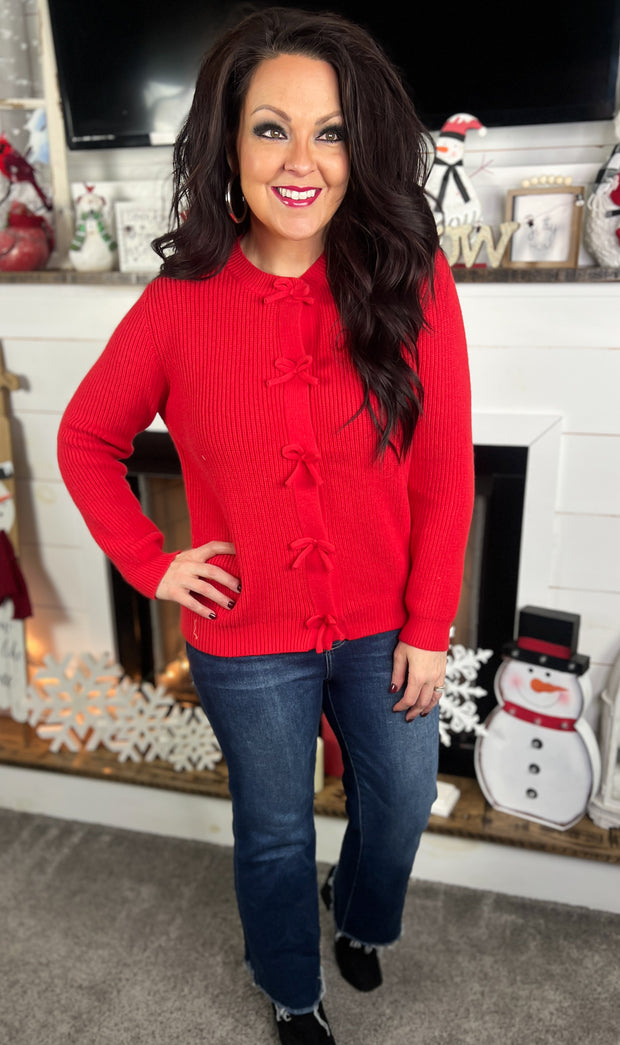 Red Bow Accent Cardigan Sweater